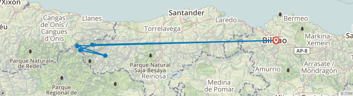 Image of a map showing the route of the tour