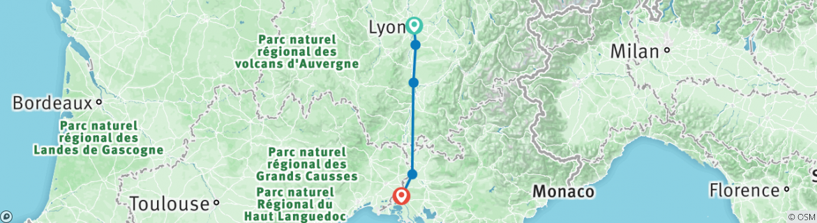 Image of a map showing the route of the tour