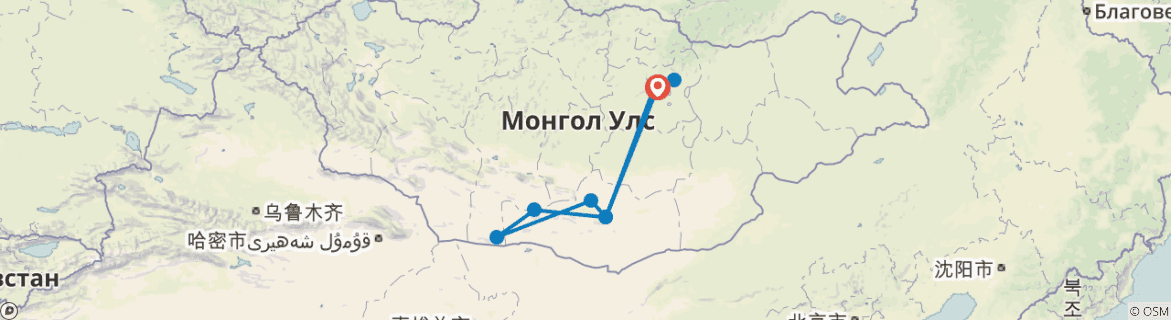 Image of a map showing the route of the tour
