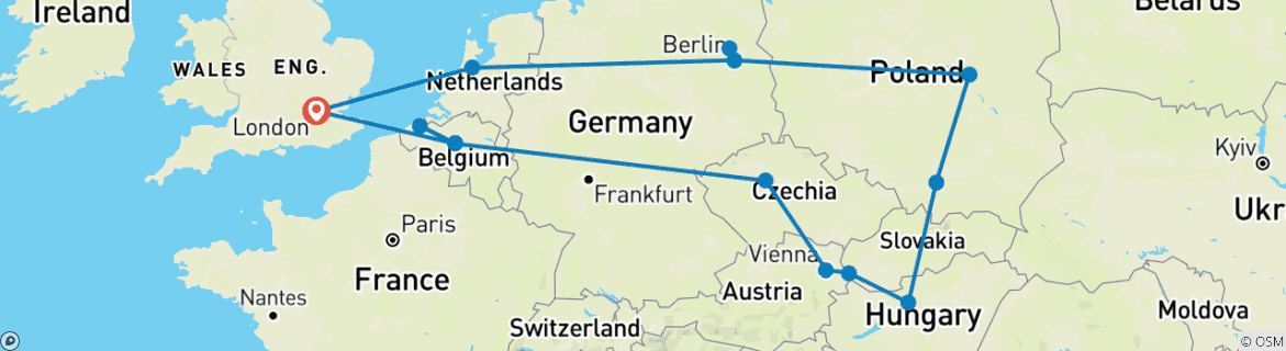 Image of a map showing the route of the tour
