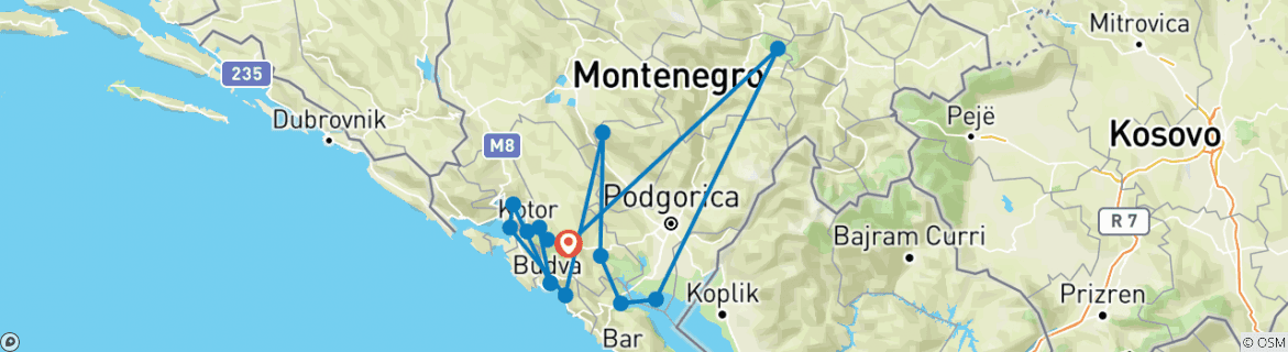 Image of a map showing the route of the tour