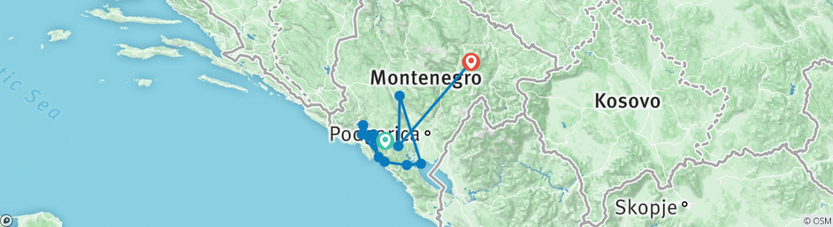 Image of a map showing the route of the tour