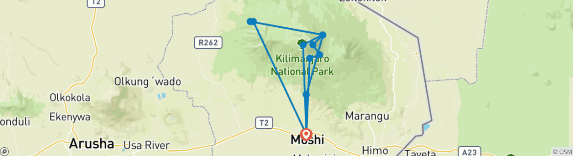 Kaart van Kilimanjaro Beklimming Lemosho Route 7 dagen Trek, 9-daagse tour