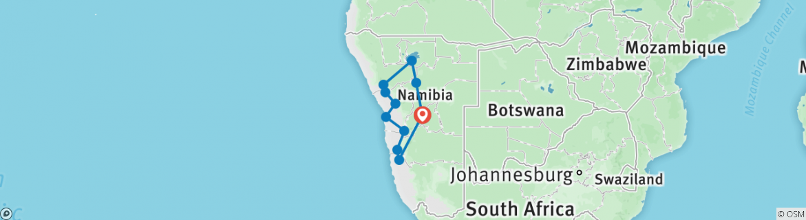 Image of a map showing the route of the tour