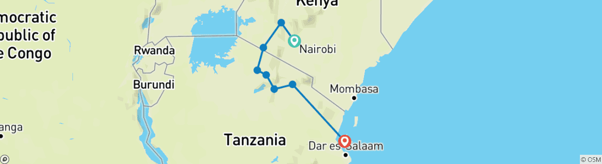 Image of a map showing the route of the tour