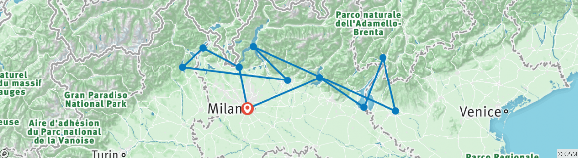 Image of a map showing the route of the tour