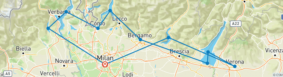 Image of a map showing the route of the tour