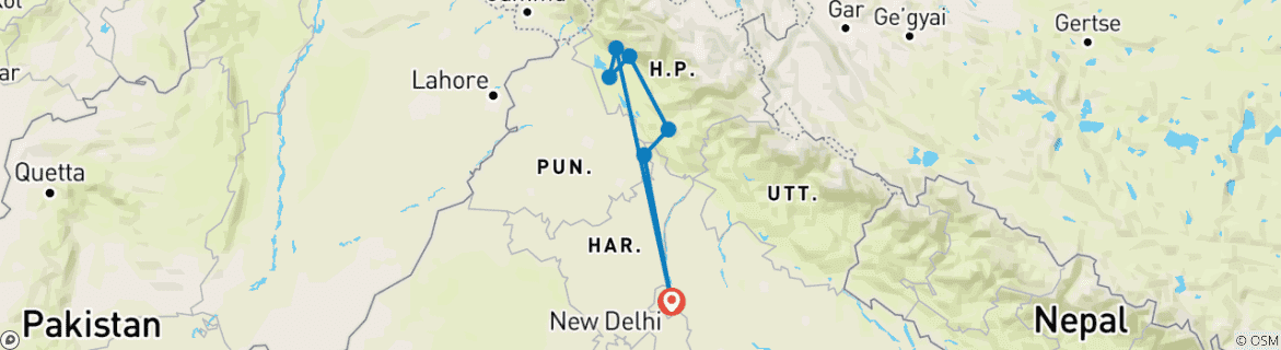 Image of a map showing the route of the tour