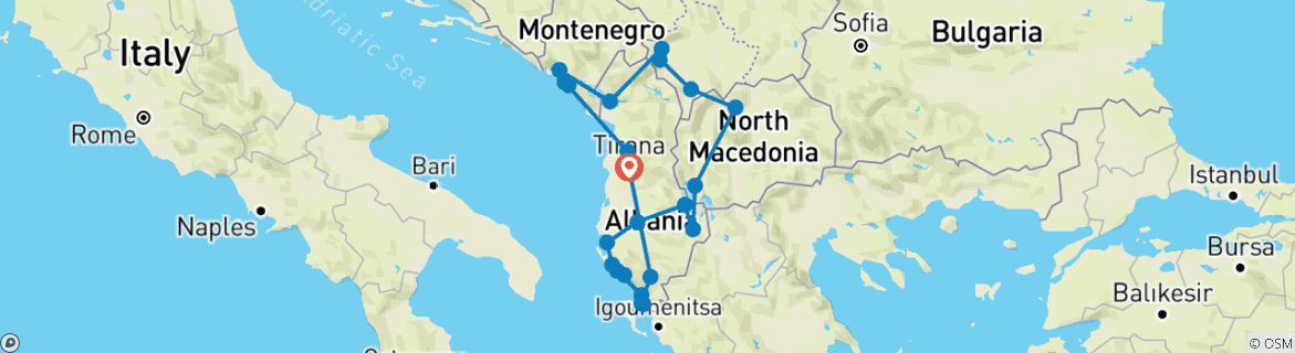 Image of a map showing the route of the tour