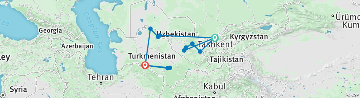 Image of a map showing the route of the tour