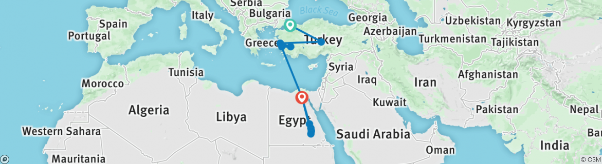 Image of a map showing the route of the tour