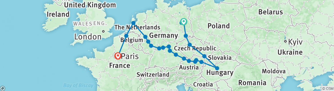 Image of a map showing the route of the tour