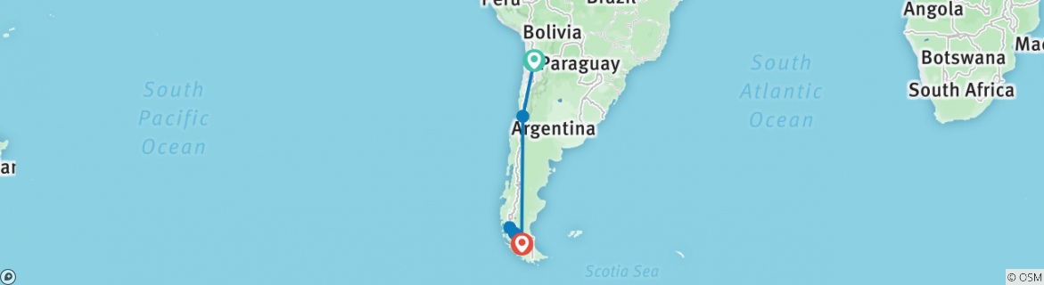 Image of a map showing the route of the tour