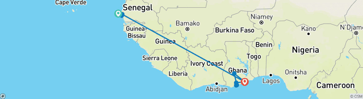 Image of a map showing the route of the tour