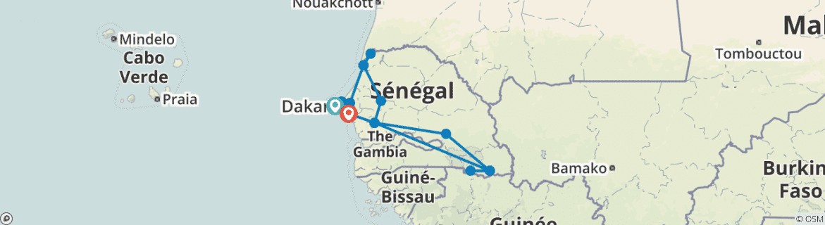 Image of a map showing the route of the tour