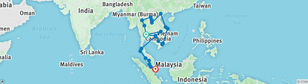 Image of a map showing the route of the tour