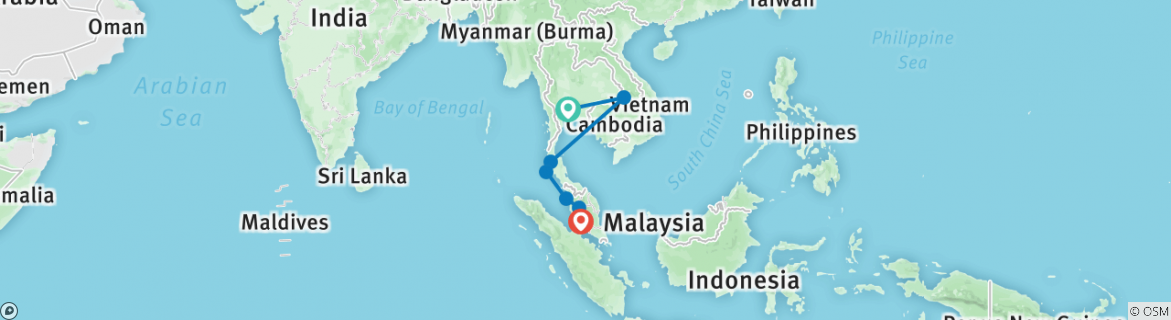 Image of a map showing the route of the tour
