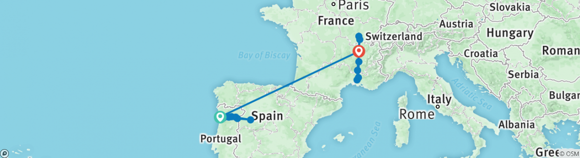 Image of a map showing the route of the tour