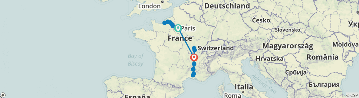 Image of a map showing the route of the tour