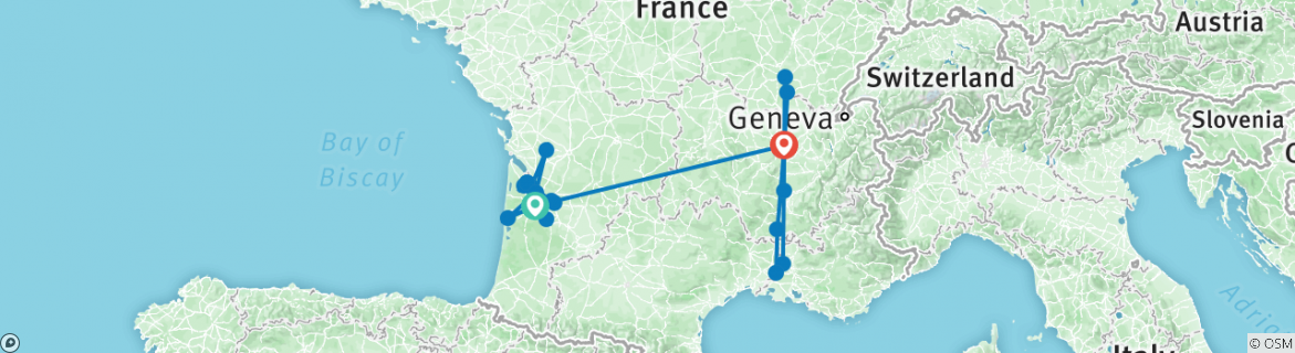 Image of a map showing the route of the tour