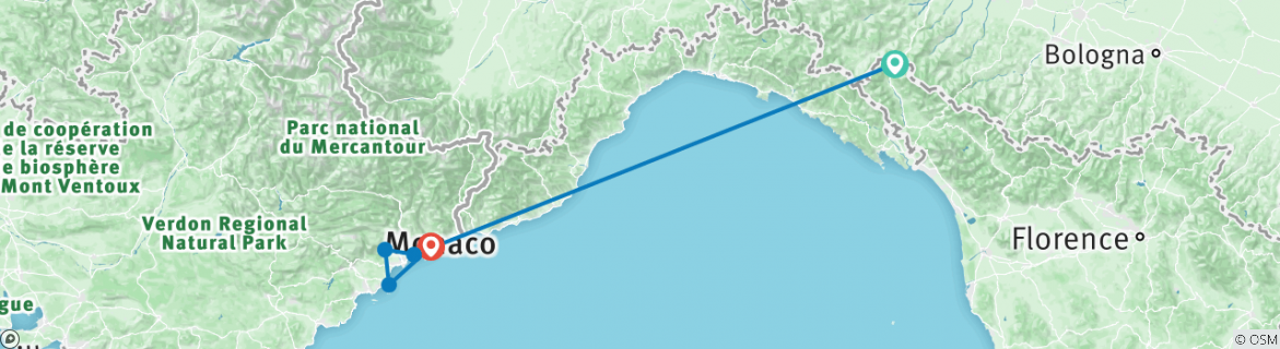 Image of a map showing the route of the tour