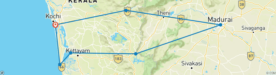 Carte du circuit 10 jours - Circuit romantique des plages et des backwaters du Kerela (TOUT COMPRIS)