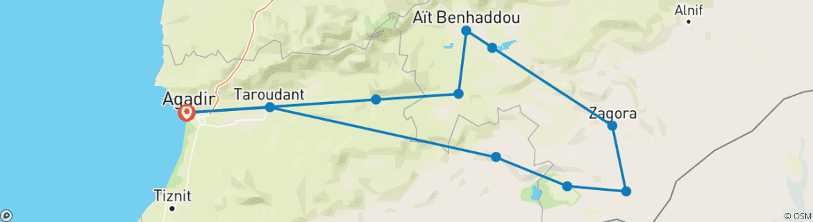 Image of a map showing the route of the tour