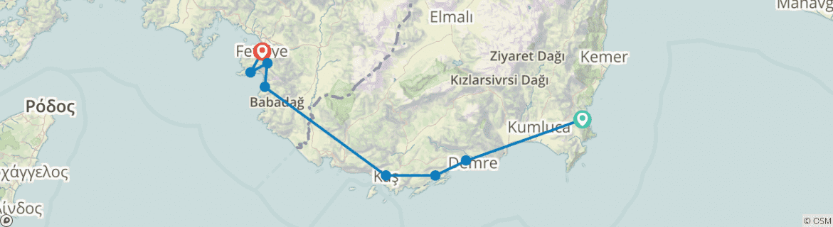 Image of a map showing the route of the tour