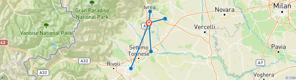 Image of a map showing the route of the tour