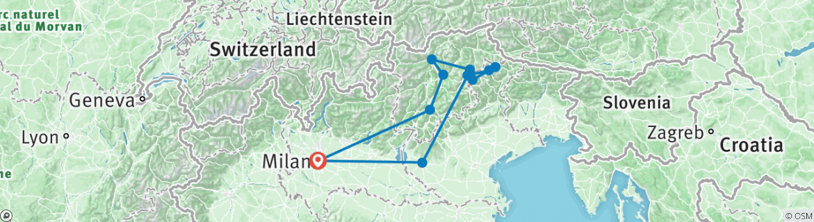 Image of a map showing the route of the tour
