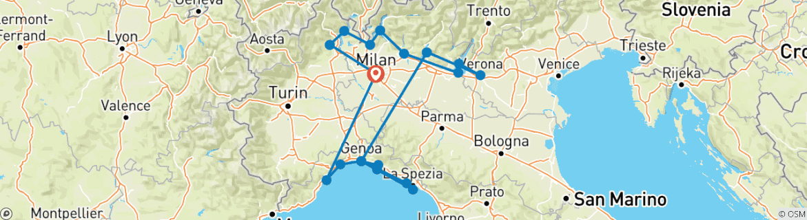 Carte du circuit Circuit de 7 jours des lacs du Nord et de la Riviera italienne - au départ de Milan