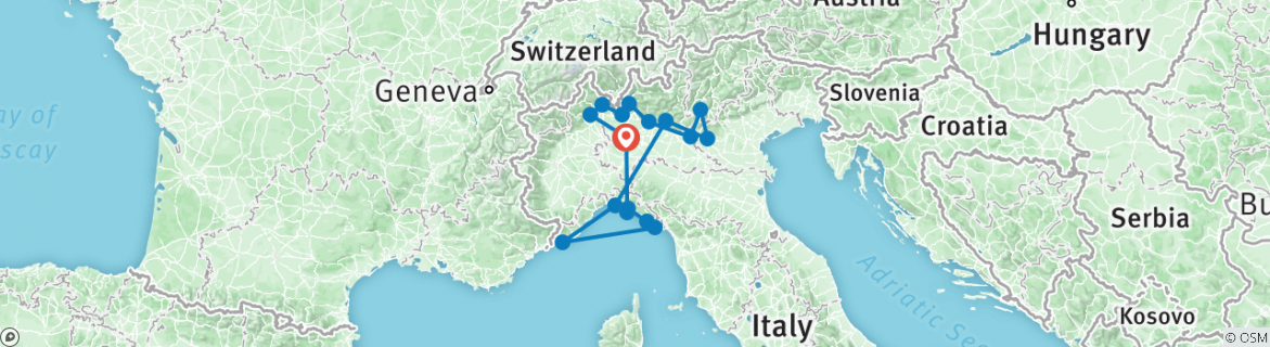 Image of a map showing the route of the tour