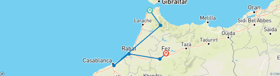 Image of a map showing the route of the tour