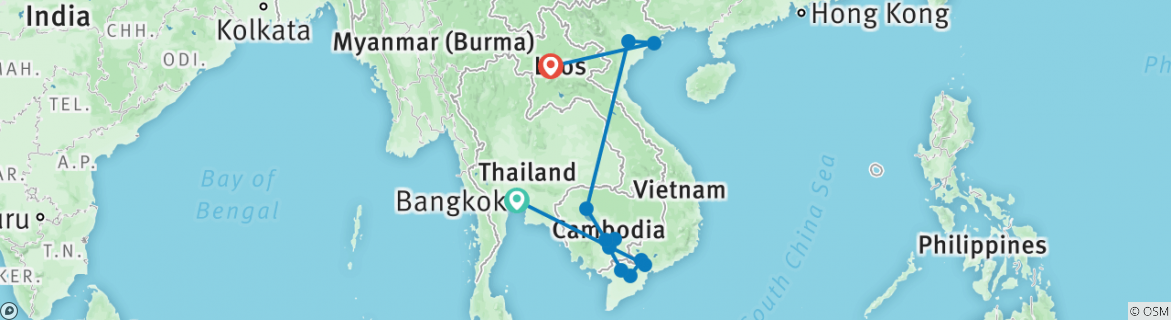 Image of a map showing the route of the tour