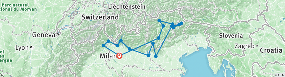 Image of a map showing the route of the tour