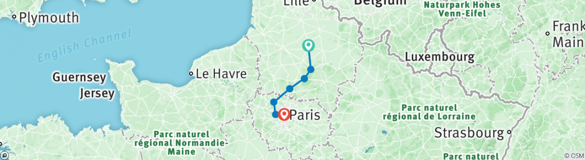 Image of a map showing the route of the tour