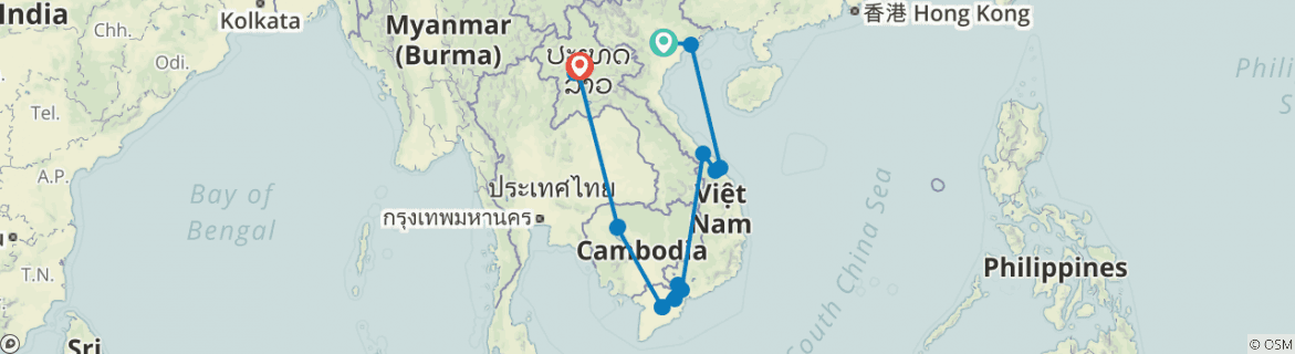 Image of a map showing the route of the tour