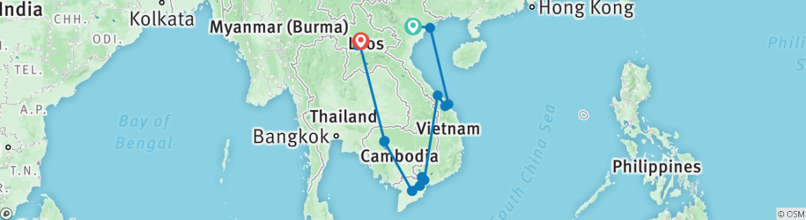 Image of a map showing the route of the tour