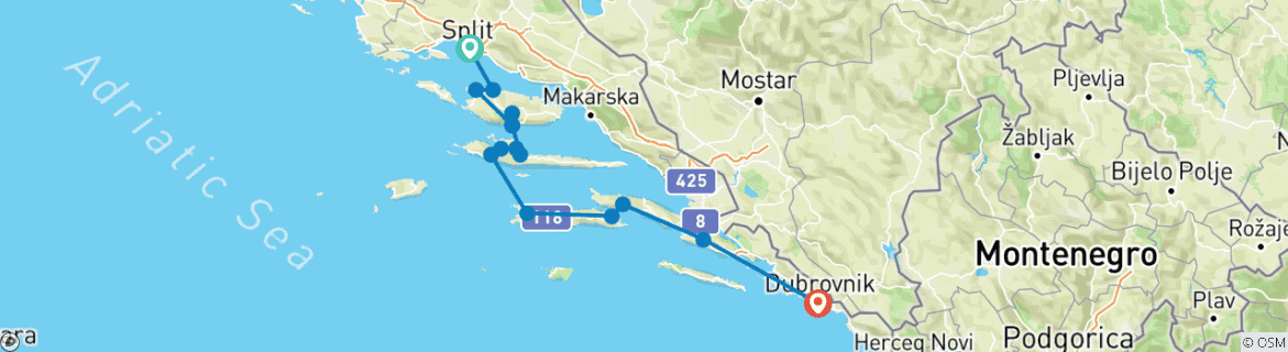 Image of a map showing the route of the tour