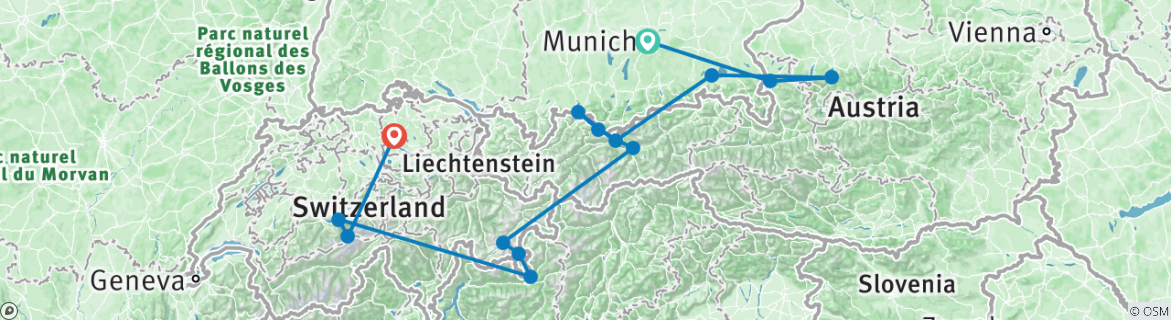 Image of a map showing the route of the tour