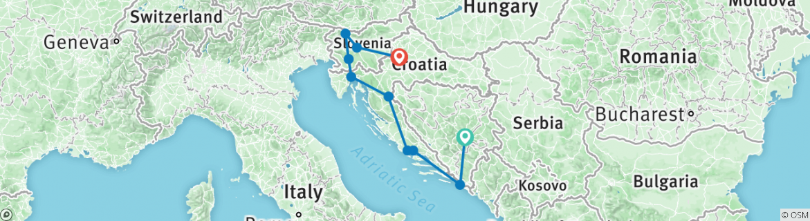 Image of a map showing the route of the tour