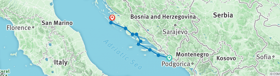 Image of a map showing the route of the tour