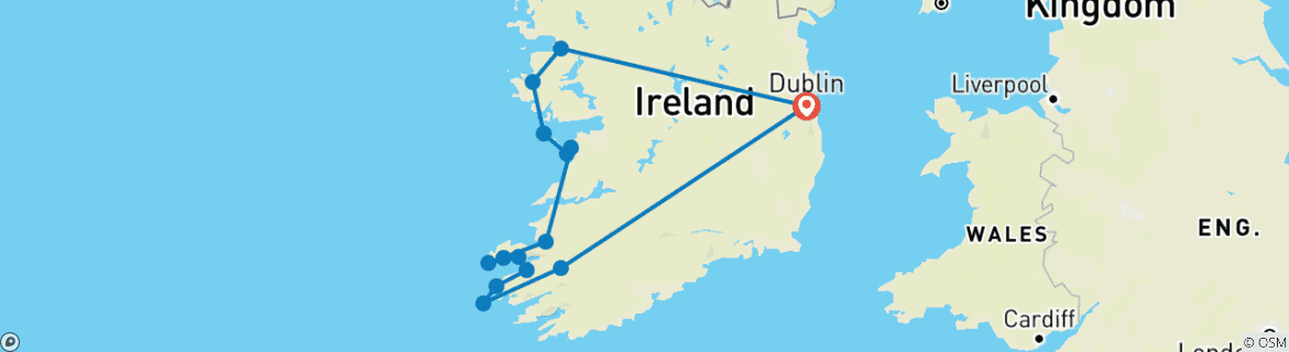 Image of a map showing the route of the tour