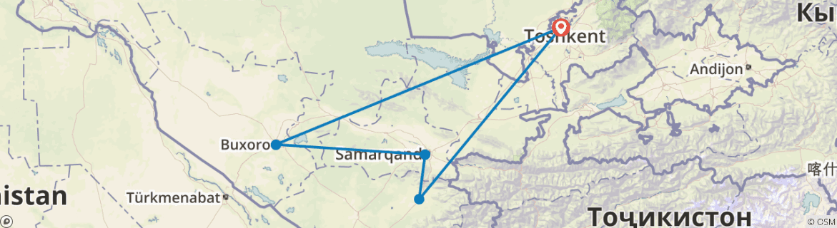 Image of a map showing the route of the tour