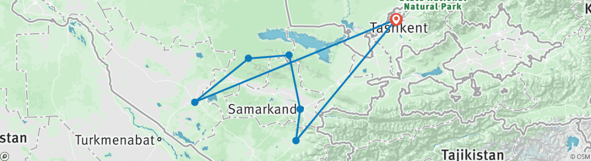 Image of a map showing the route of the tour
