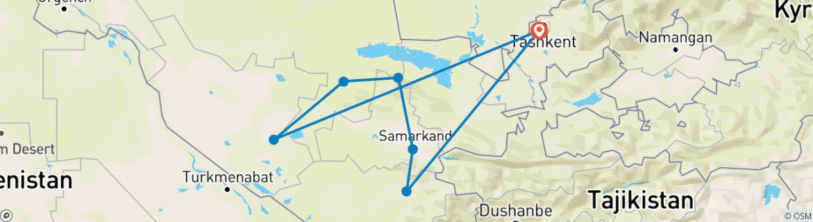 Image of a map showing the route of the tour