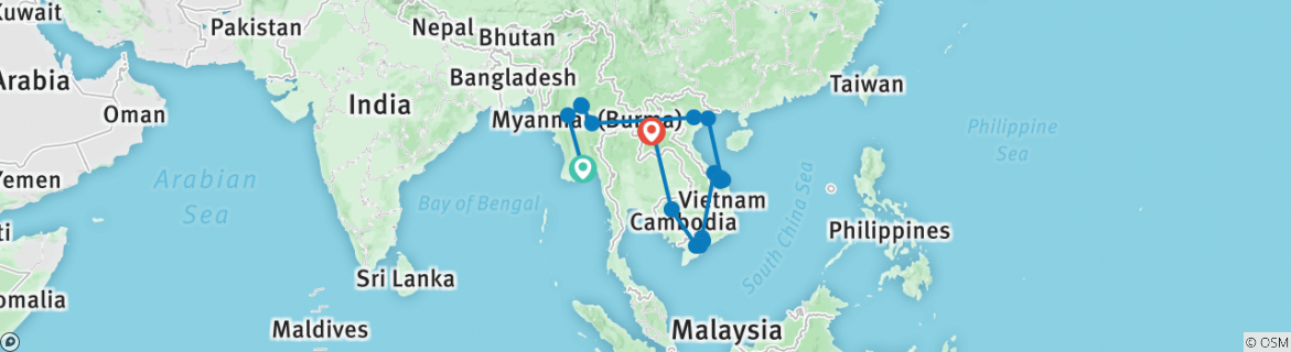 Image of a map showing the route of the tour