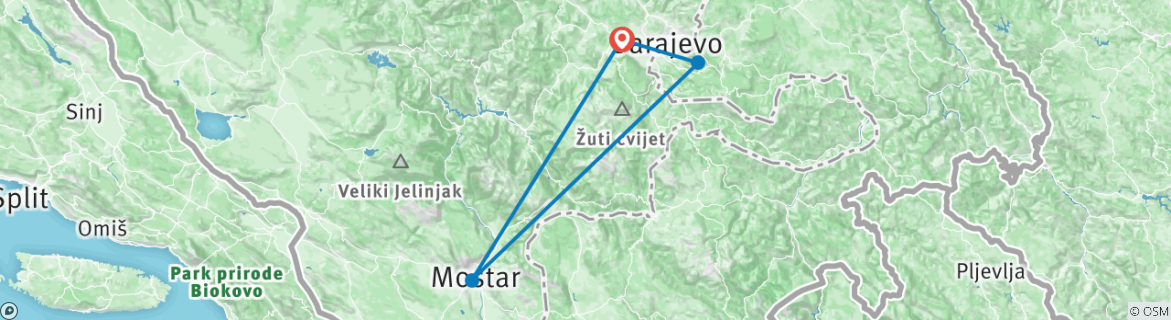 Image of a map showing the route of the tour