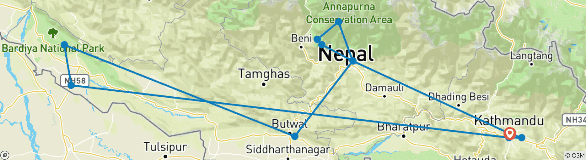 Image of a map showing the route of the tour
