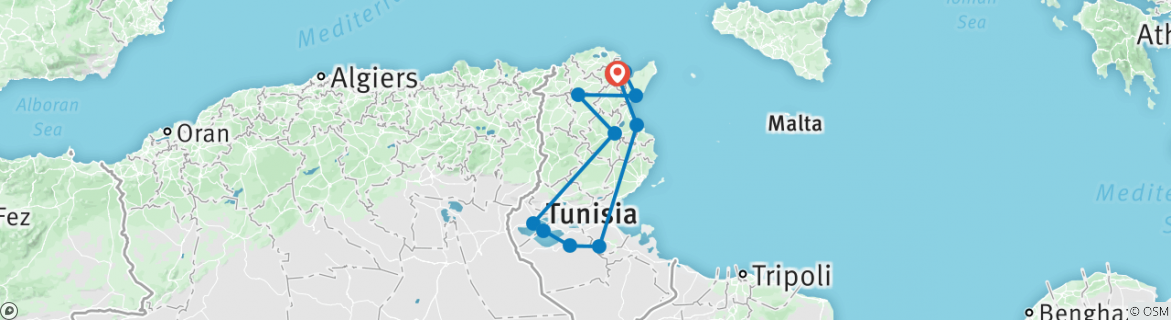 Image of a map showing the route of the tour